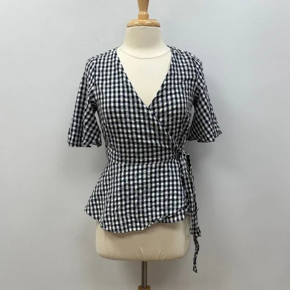 Ann Taylor LOFT Gingham Plaid Surplice V-Neck Wrap Woven Blouse Preppy Navy XS - Picture 2 of 10